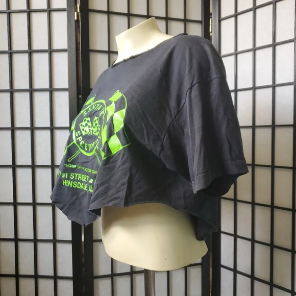 Vintage Santa Fe Speedway Custom Cropped Black Midriff T-shirt / Green on Black - Picture 2 of 15